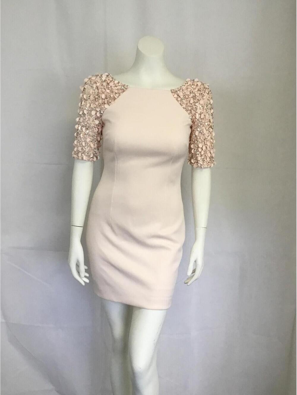 [375]Adrianna Papell Dress Womens 4 Pink Sequin Sleeve Bodycon Mini Party
